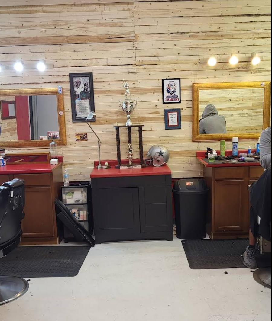 Barber stations with gold mirrors